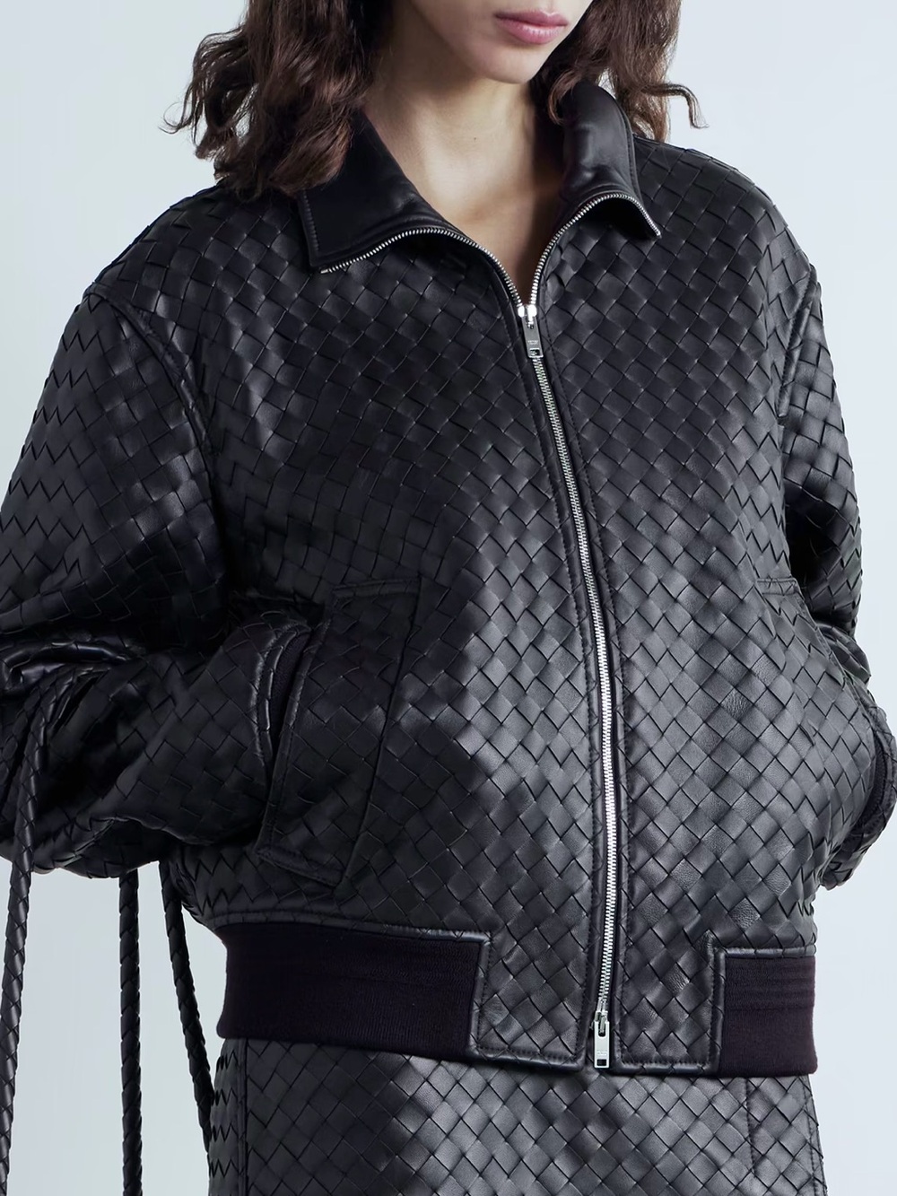 Intrecciato black woven genuine leather bomber jacket size Small-Bottega Vibes!